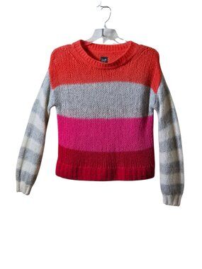 GAP Colorblock Chunky Knit Sweater Pink Red Gray Striped Cozy Crewneck Small